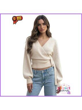 V Neck Wrap Tie Front Cropped Cardigan Sweater Polyester Blend